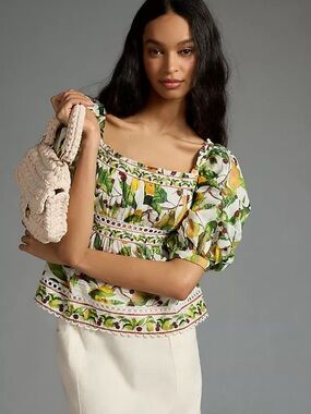 Farm Rio x Anthropologie Puff Sleeve lemon fruit print blouse XL NWOT